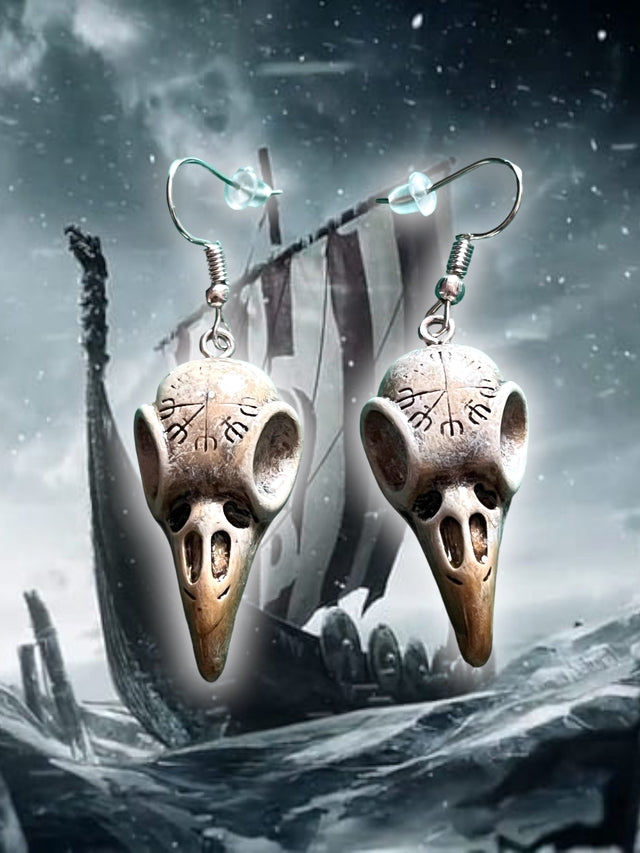 Norse Bleach Bone Raven Skull Earrings