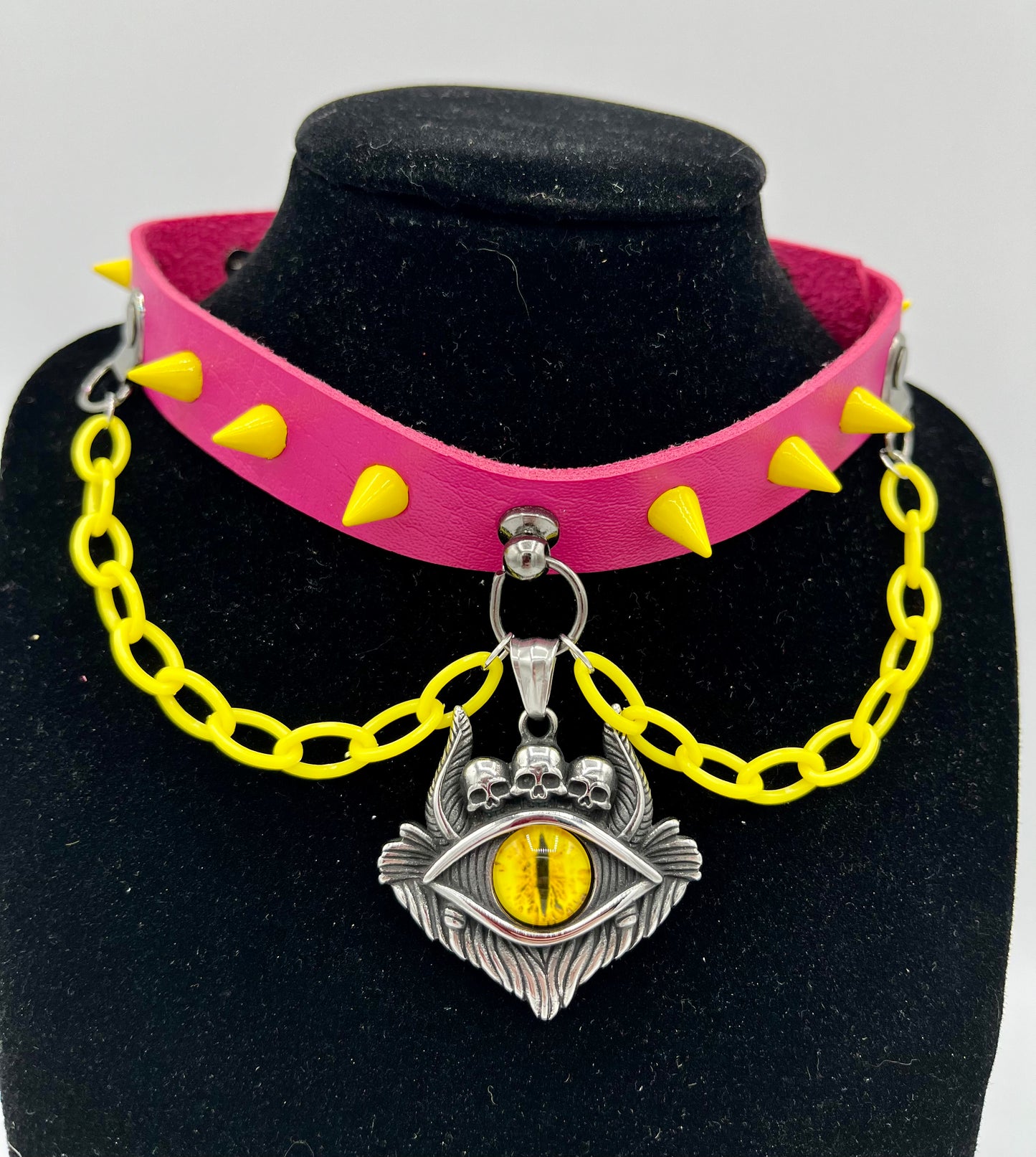 Yellow Daemon Eye On A Hot Pink Choker With Yellow Spikes And Chain