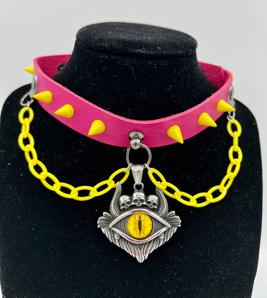 Yellow Daemon Eye On A Hot Pink Choker With Yellow Spikes And Chain