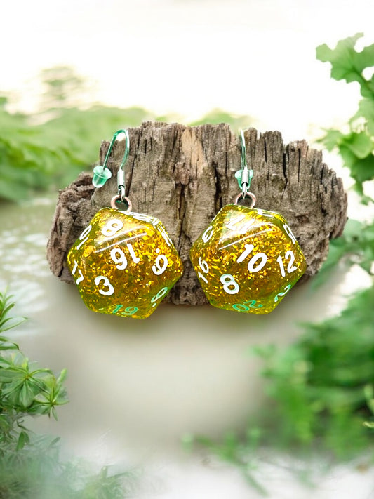 Dungeon And Dragons D20 Dice Golden Glitter Effect Earrings