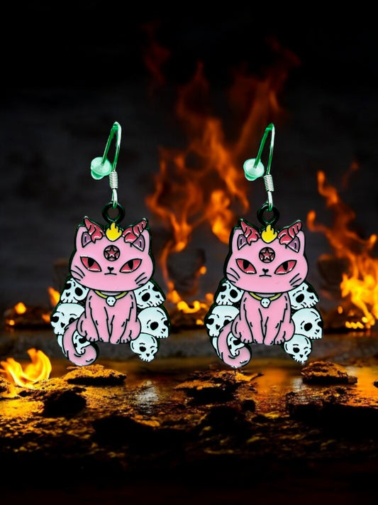 Pink Demon Cat Earrings